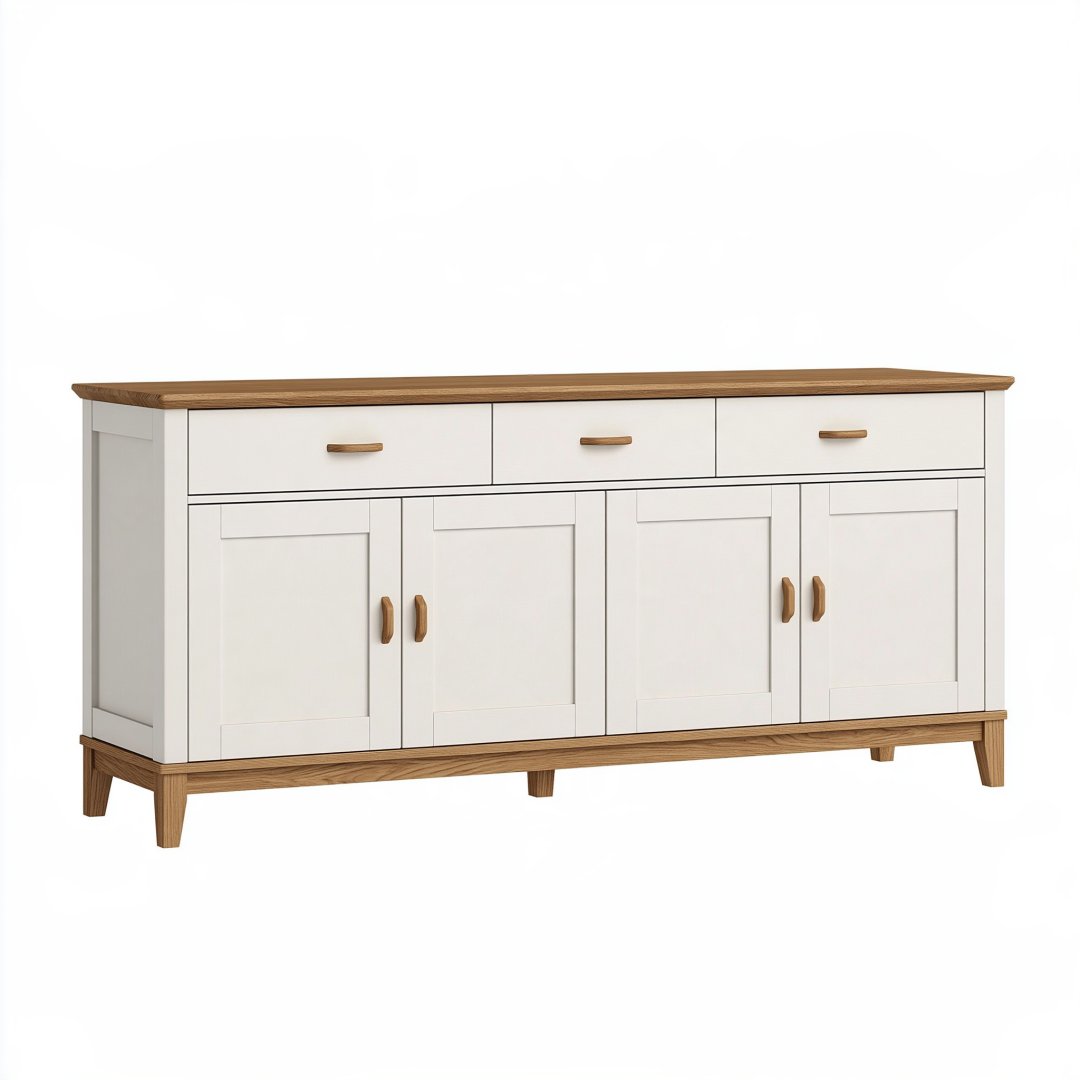 Buffet 160 cm blanc et chêne naturel en bois avec 3 tiroirs et 4 portes style scandinave