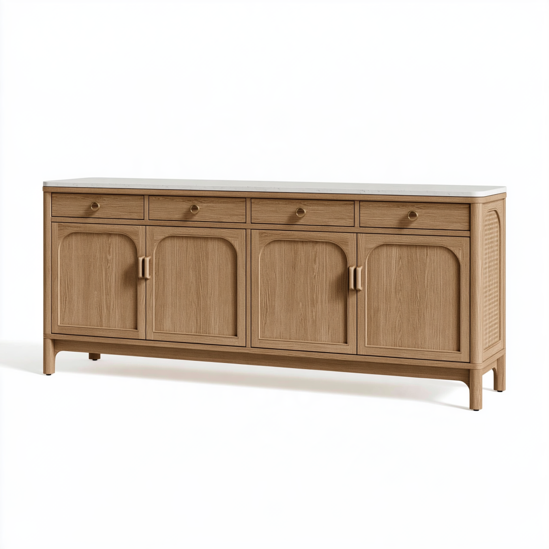 Buffet 180 x 45 x 85 cm en bois brun avec plateau blanc et rangement