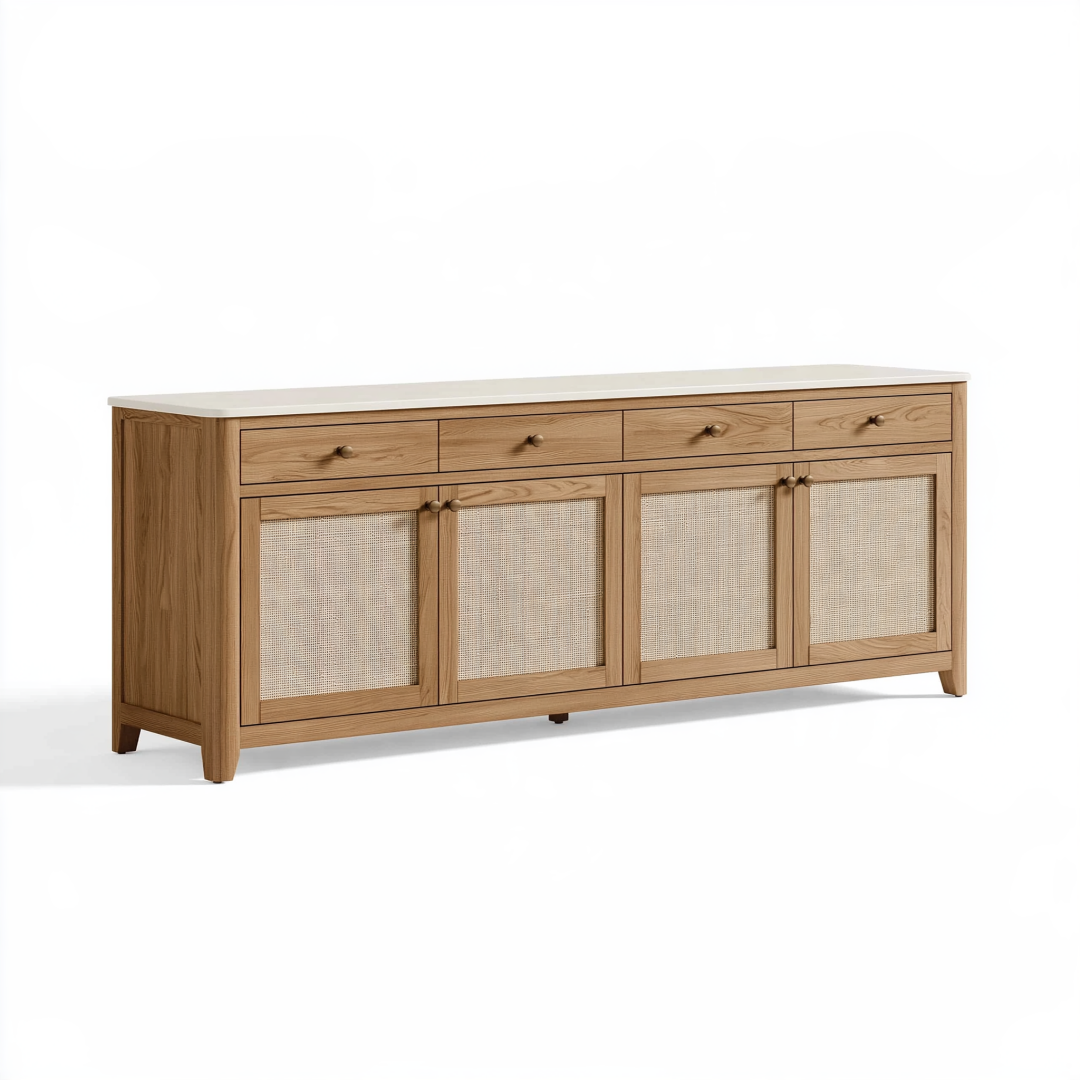 Buffet 180 x 45 x 85 cm en bois chêne naturel avec cannage et plateau blanc - rangement style contemporain