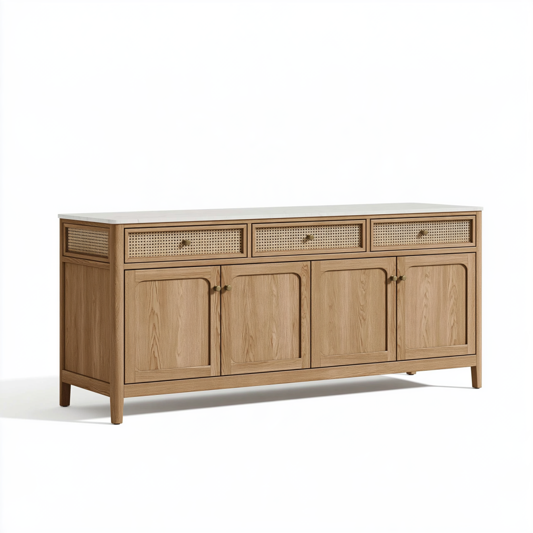 Buffet 160 x 40 x 85 cm en bois beige avec cannage et plateau blanc style naturel rangement