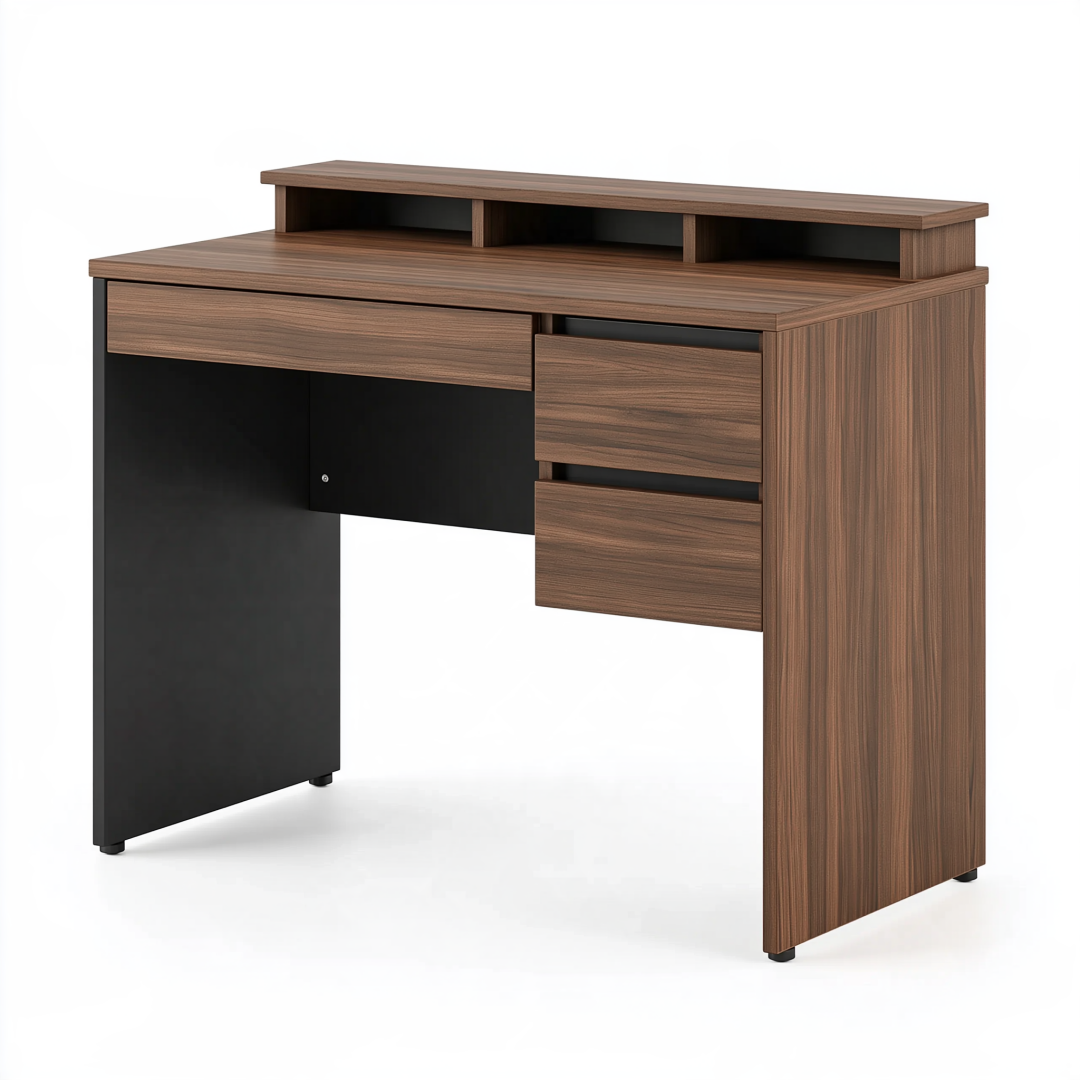 Bureau 120 x 60 x 90 cm en panneaux de bois noyer et noir avec tiroirs et rangements ouverts