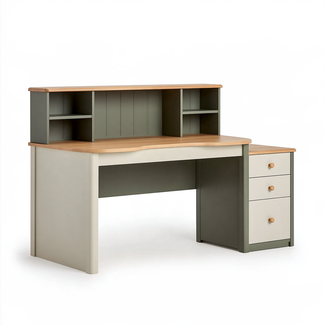 Bureau avec étagère 120 cm en panneaux de bois vert olive beige et décor bois naturel