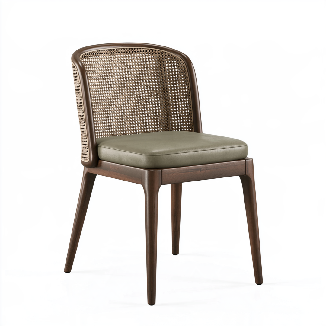 Chaise de salle à manger 55 x 58 x 82 cm en bois et cannage marron avec assise vert olive style contemporain