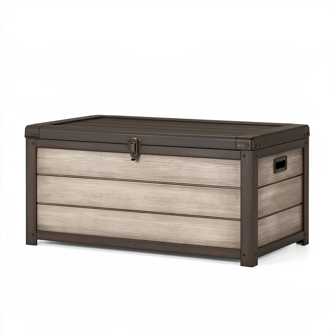 Coffre de rangement extérieur 120 x 56 x 60 cm en résine marron effet bois avec couvercle verrouillable
