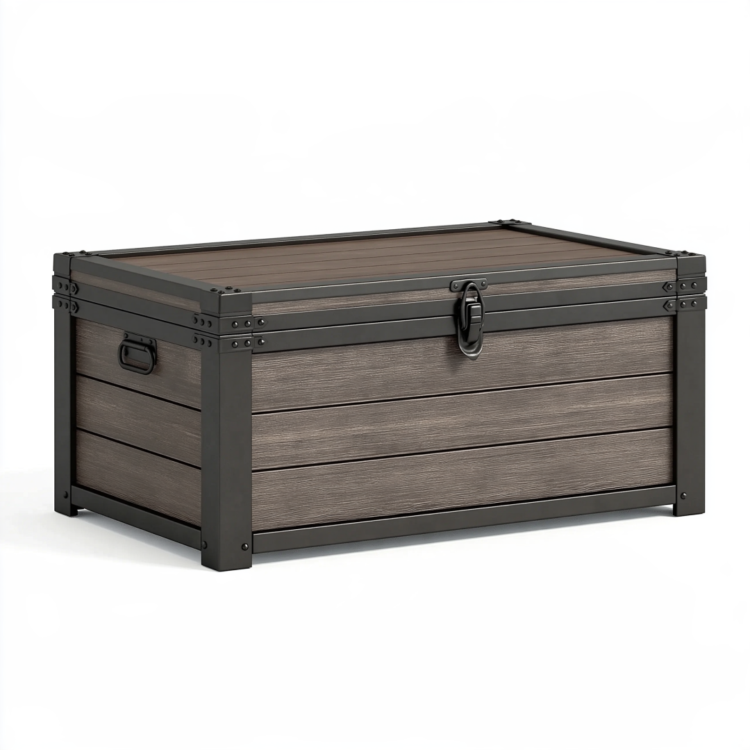 Coffre de rangement 120 x 60 x 65 cm aspect bois marron et métal noir style industriel