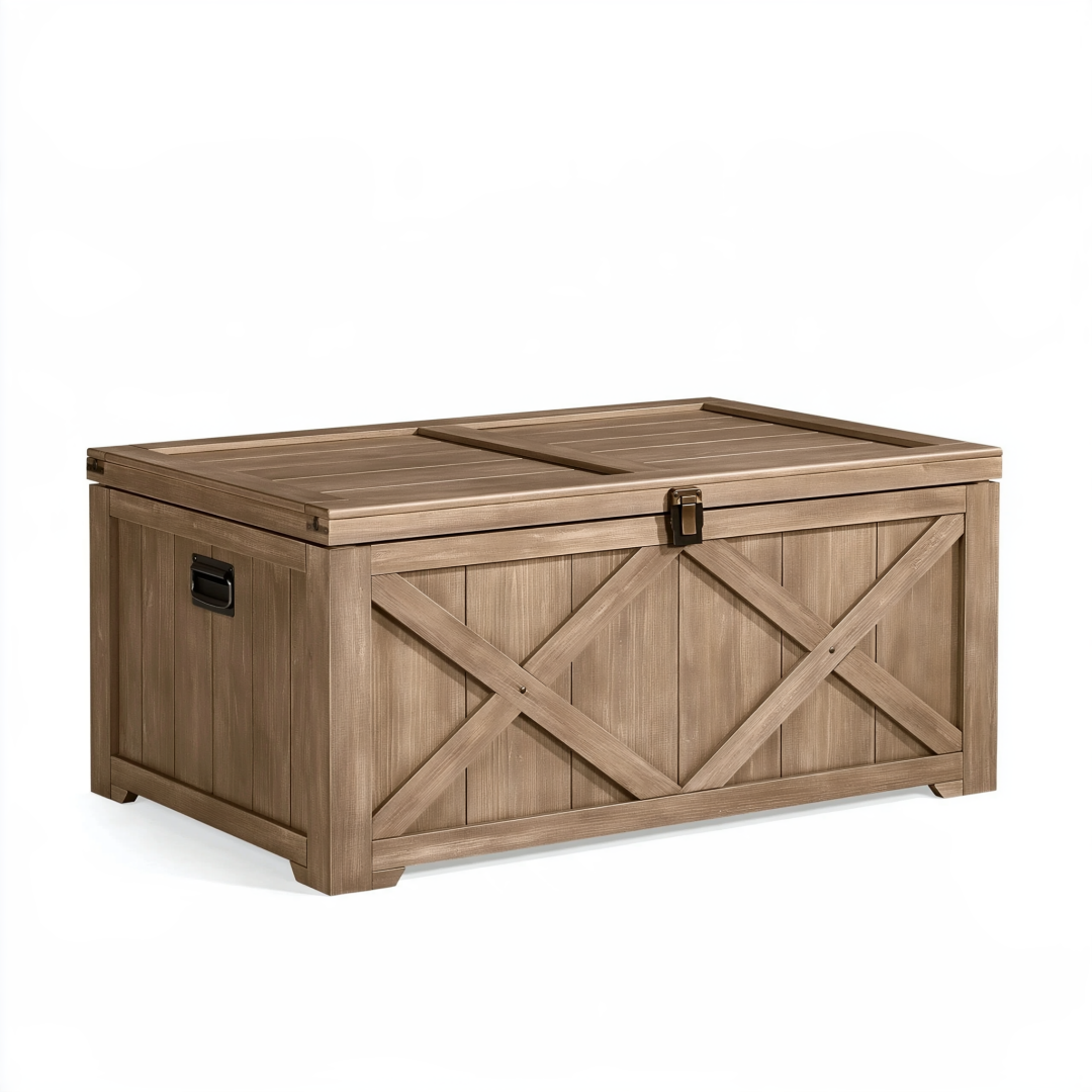 Coffre de rangement 120 x 60 x 65 cm en bois marron style rustique avec couvercle