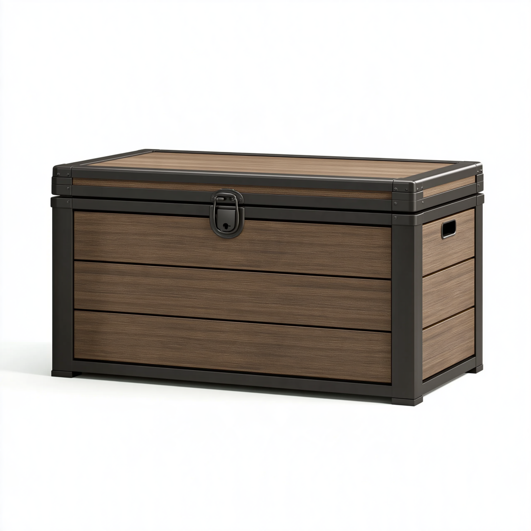 Coffre de rangement 100 cm en bois marron et métal noir avec couvercle verrouillable