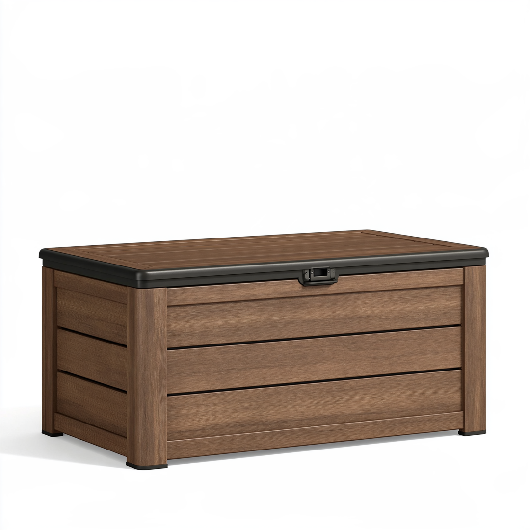 Coffre de rangement extérieur 130 x 65 x 65 cm en résine aspect bois marron avec couvercle