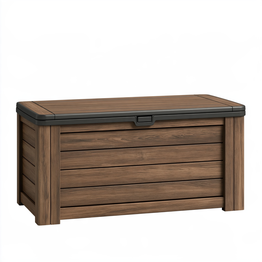Coffre de rangement extérieur 120 x 60 x 63 cm en résine effet bois marron avec couvercle