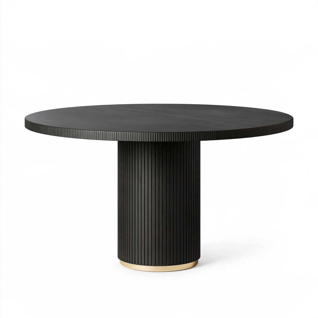 Table à manger ronde diamètre 120 cm en bois noir style contemporain pied cannelé
