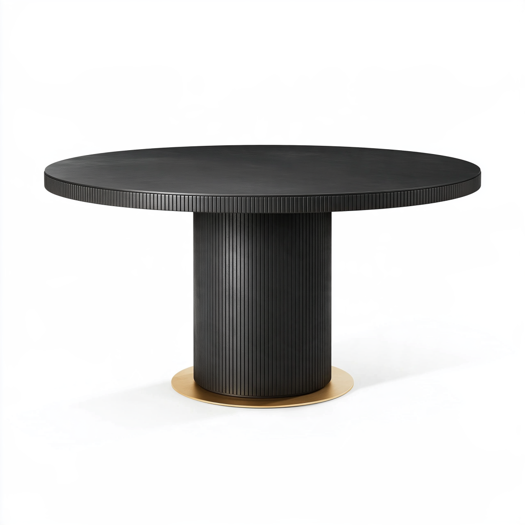 Table à manger ronde diamètre 120 cm noire en bois et métal style contemporain pied central